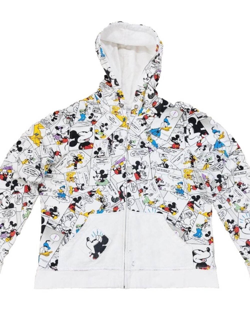 Y2k Disney Mickey Mouse AOP Hoodie Womens XL, Comic Strip All Over Print, Beaded